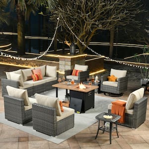 Sanibel Gray 11-Piece Wicker Outdoor Patio Conversation Sofa Sectional Set with a Storage Fire Pit and Beige Cushions