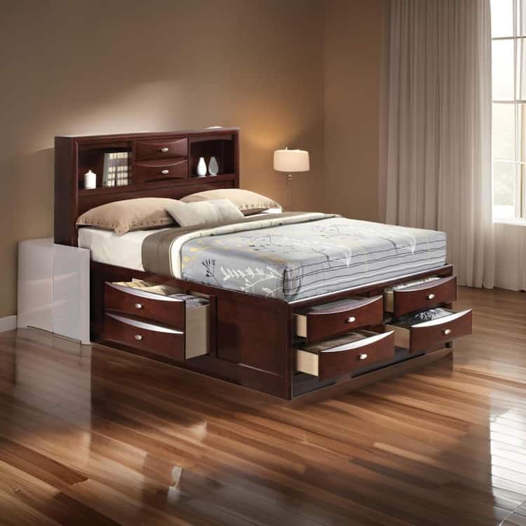 Benjara Brown Wood Frame King Size Platform Bed with Bookcase and Drawers