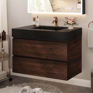 36 in. W x 18 in. D x 25 in. H Single Sink Floating Bath Vanity in Walnut with Black Granite Top and Basin