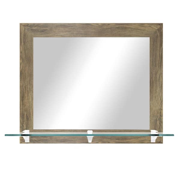 Unbranded 25.5 in. W x 21.5 in. H Rectangle Brown Horizontal Framed Mirror with Tempered Glass Shelf/White Brackets