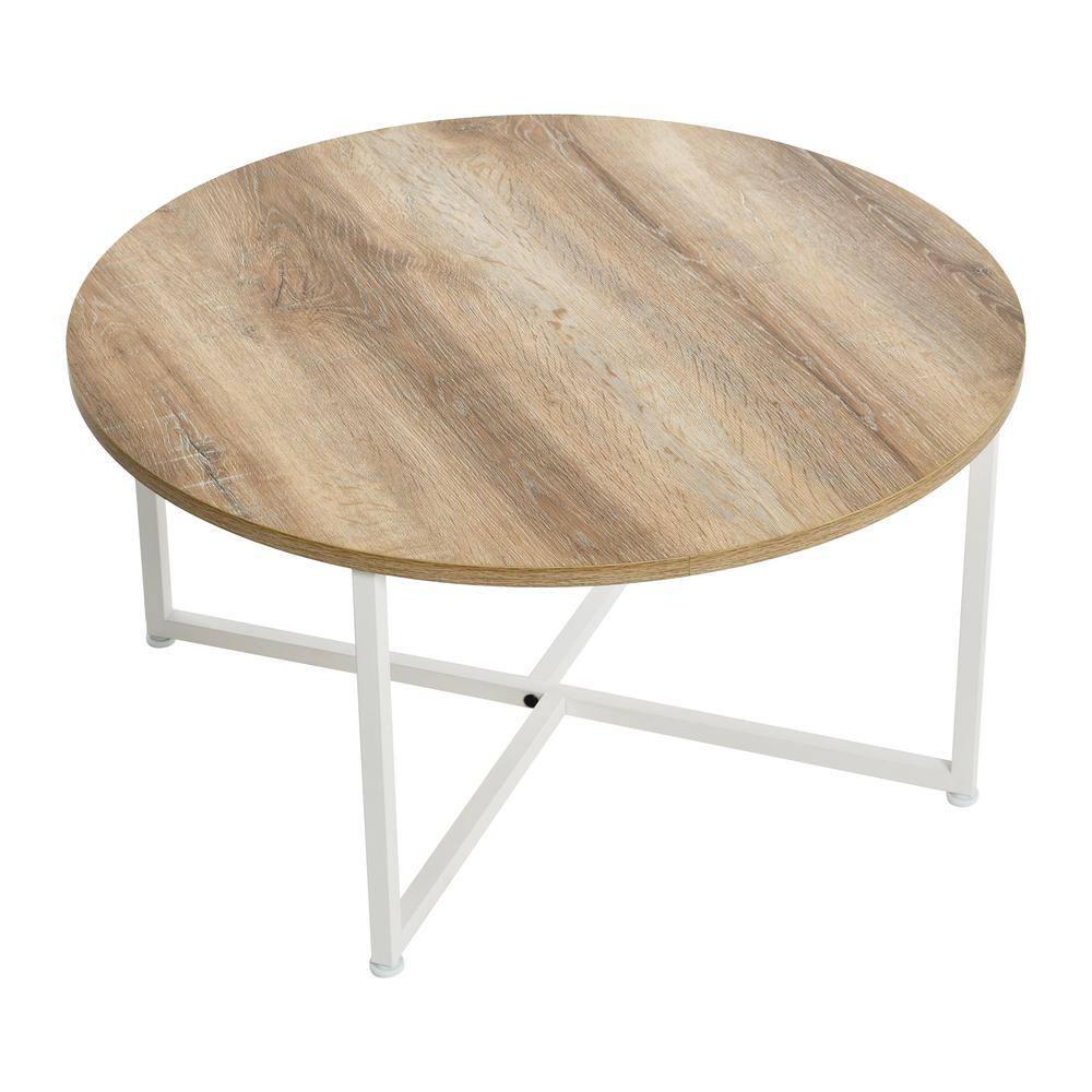 Round Coastal Oak and White Metal Coffee Table
