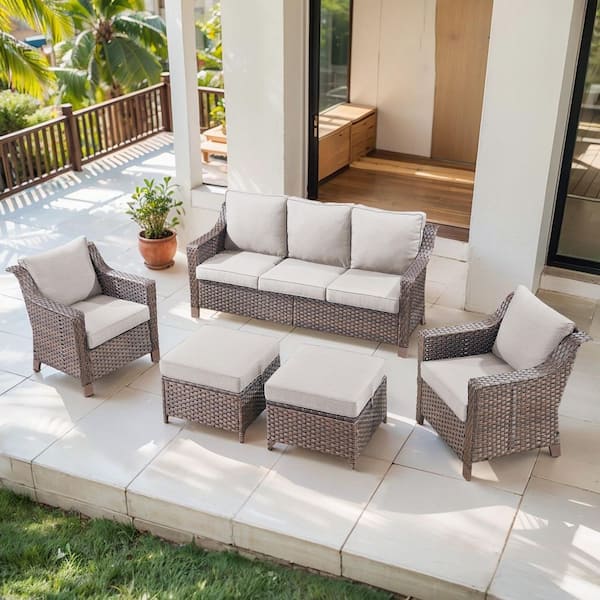 Opohoro SlideArm Brown 5-Piece Wicker Armchairs Patio Conversation Set, Outdoor Sofa Seating Set with Olefin Beige Cushions