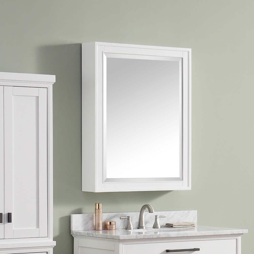 Elegant Transitional 36"x28" White Framed Mirror Cabinet