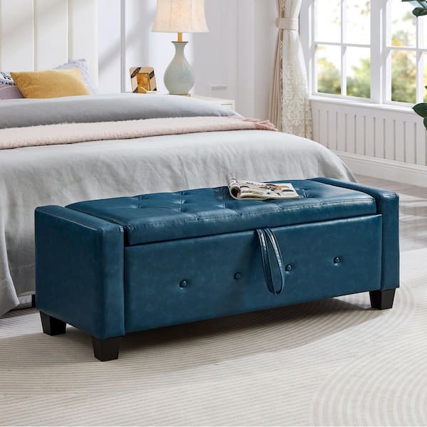 48 in. Blue Tufted Faux Leather End of Bed Bench with Storage, 300 lbs. Capacity