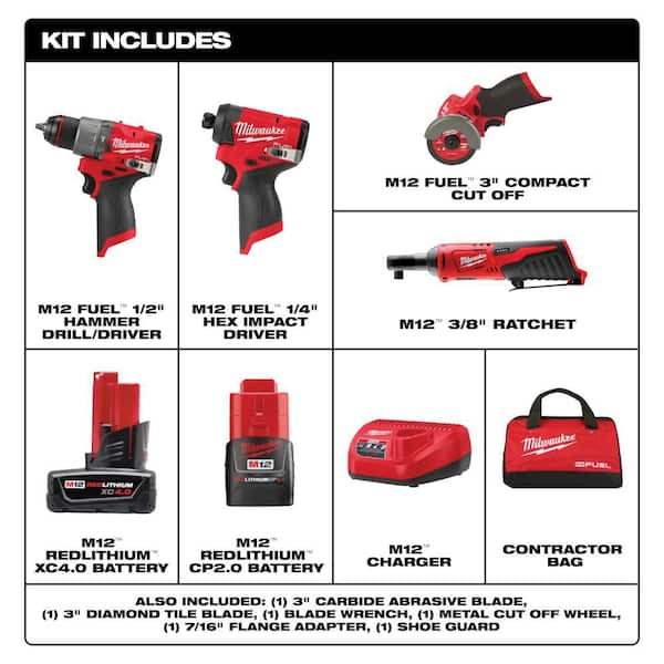 M12 FUEL 12-Volt Li-Ion Brushless Cordless Hammer Drill & Impact Driver Combo Kit w/2 Batteries, Cut Off Saw & Ratchet