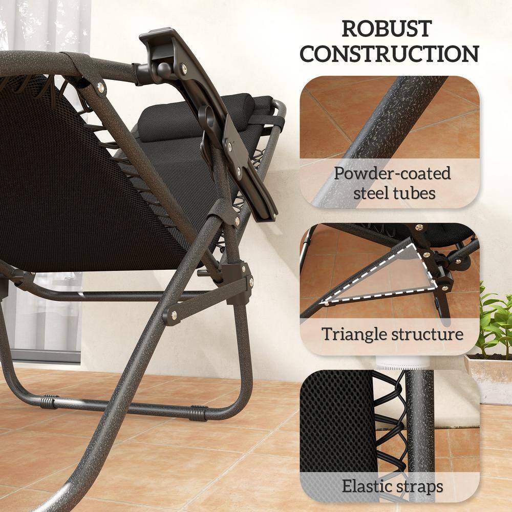 Black Steel Zero Gravity Outdoor Lounge Chairs with Cushions and Tray, Set of 2