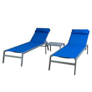 Set of 3 Steel Adjustable Stackable Outdoor Chaise Lounge in Blue Seat with Side Table and Headrest Sunbathing Lounger