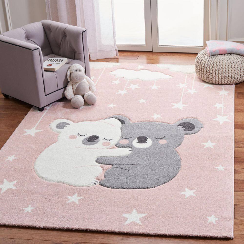 Pink and White Kids' Koala Non-slip Rectangular Rug