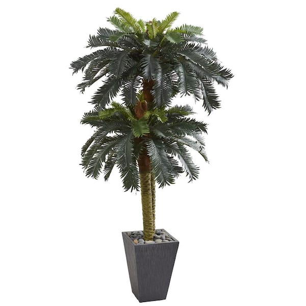 Nearly Natural Indoor 6 ft. Double Sago Palm Artificial Tree Slate Finished Planter