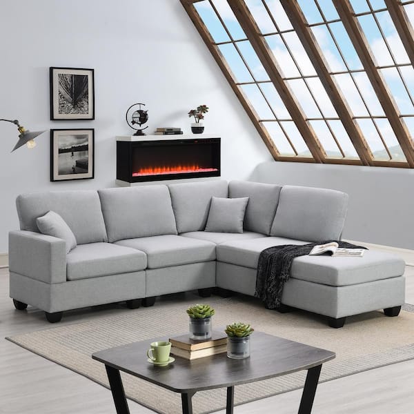 sumyeg 89.8 in. L-Shaped Linen Sectional Sofa in. Gray with Convertible Ottoman and 2 Pillows