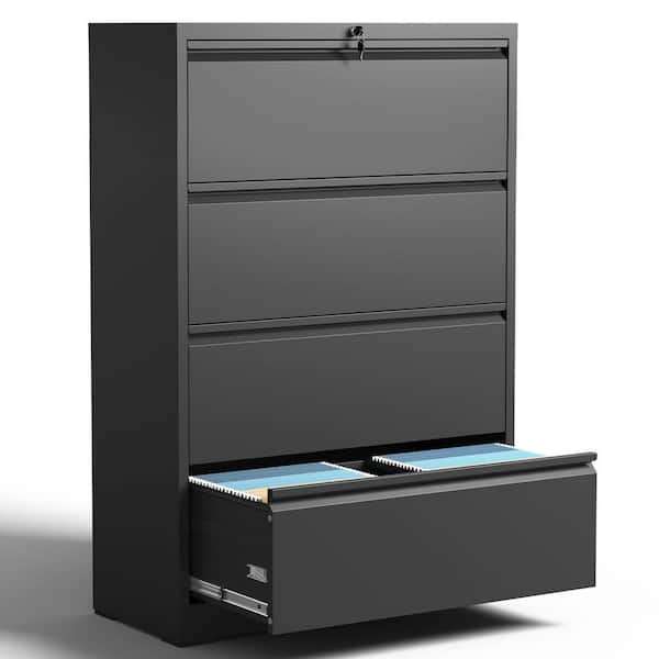 4-Drawer Black 52.28 in. H x 35.43 in. W x 15.75 in. D Metal Lateral File Cabinet Locked By Keys Storage Cabinet