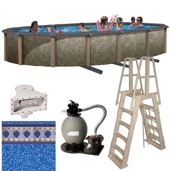 Blue Wave Riviera 15 ft. x 30 ft. Oval x 54 in. Deep Metal Wall Above Ground Pool Package with 8 in. Top Rail
