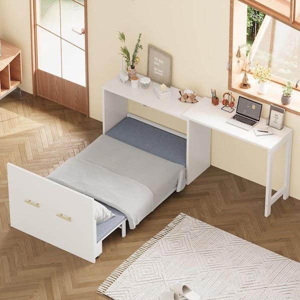 White Wood and Iron Frame Twin Size Multifunctional Cabinet Murphy Bed with Adjustable Position Desk, Foldable Cushion