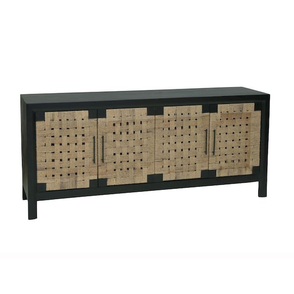 Benjara Black and Brown Wood Top 7 in. Sideboard with 2 Jute Woven Doors