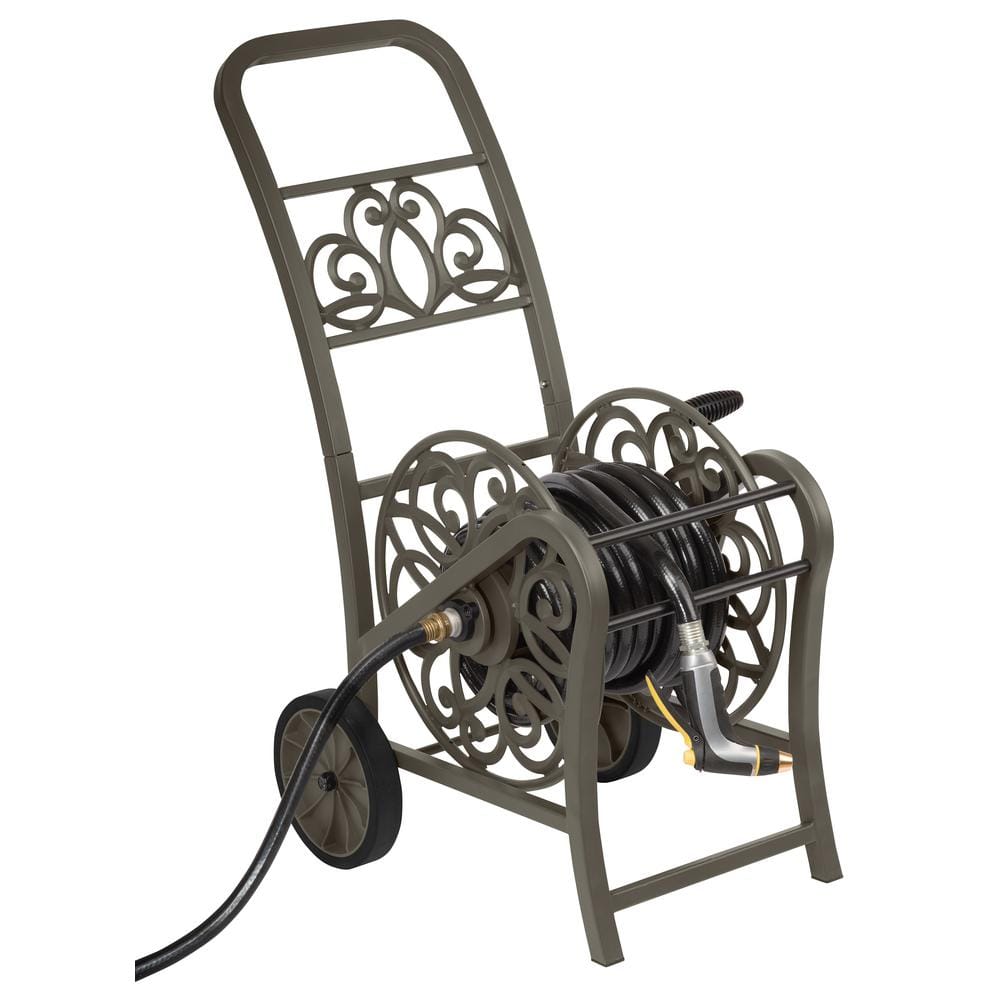 Gray Decorative Metal 2-Wheel Hose Reel Cart with Manual Crank