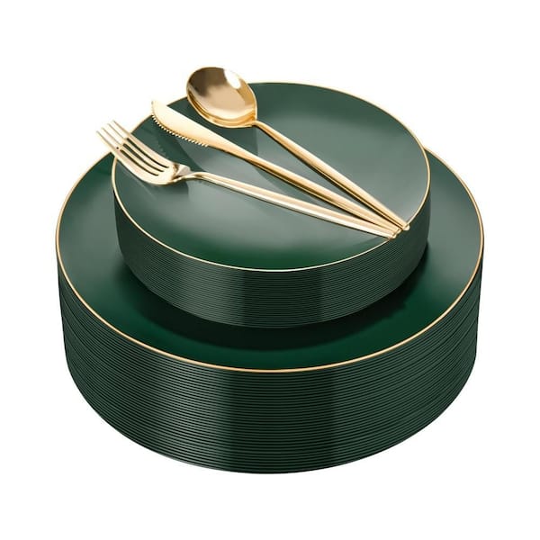 Green Gold BPA Free Disposable Durable Plastic Plates (Set of 150), Elegant Party Dinnerware for Christmas, Weddings