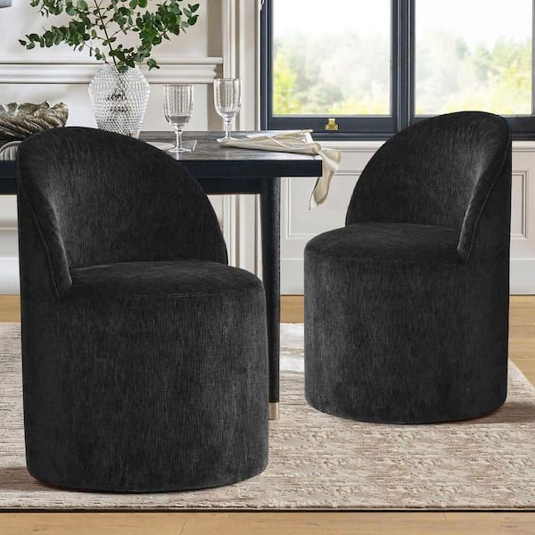 Black Chenille Upholstered Barrel Dining Chair with Castors (Set of 2)