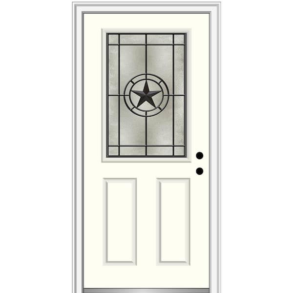 MMI Door Elegant Star 34 in. x 80 in. Left-Hand/Inswing 1/2 Lite Decorative Glass Alabaster Painted Fiberglass Prehung Front Door