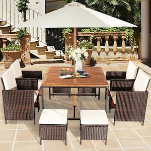 9-Piece Wicker Patio Conversation Set Dining Table Set with White Cushions Seat