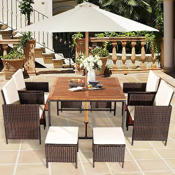 9-Piece Wicker Patio Conversation Set Dining Table Set with White Cushions Seat
