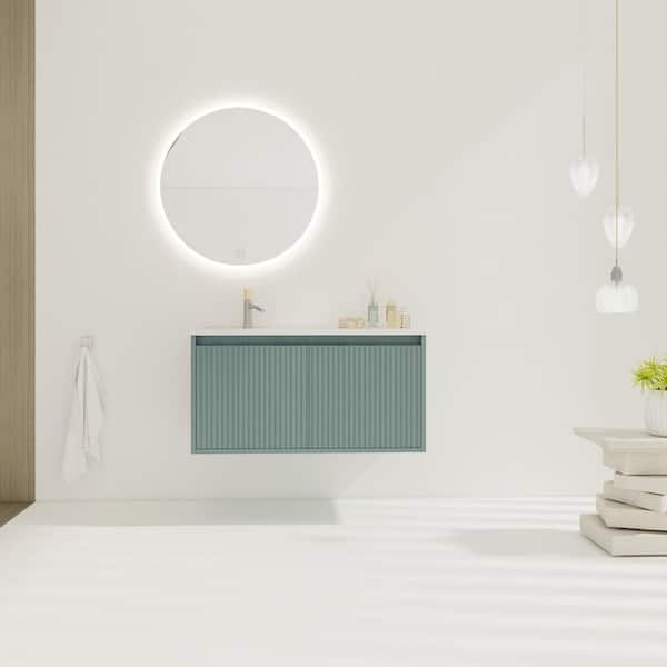 35.8 in. W x 18.2 in. D x 18.2 in. H Floating Bath Vanity with Drop-Shaped White Resin Top in Green