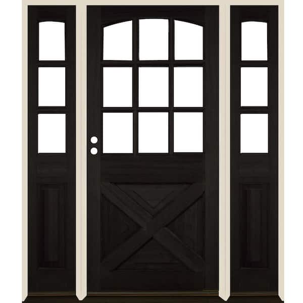 Krosswood Doors 64 in. x 80 in. Farmhouse X Panel RH 1/2 Lite Clear Glass Black Stain Hemlock Prehung Front Door with DSL