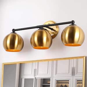 Polished Brass-Plated Vanity Light, 22.5 in. 3-Light Black Industrial Bathroom Vanity Light, Metal Globe Wall Sconce