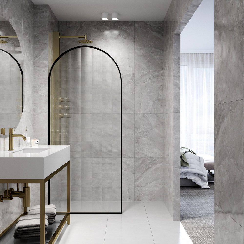 Arden 34" Matte Black Fluted Glass Shower Screen