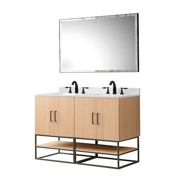 Oak Vista 48 in. W x 23 in. D x 33 in. H Single Bath Vanity in Oak with White Culture Marble Top and Mirror