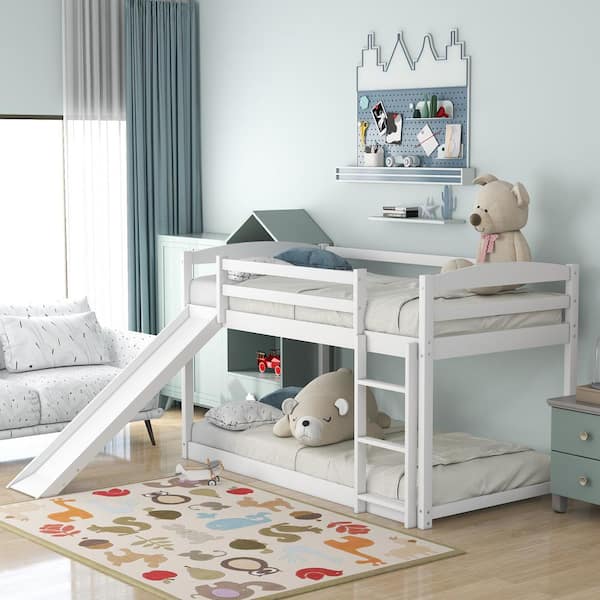 Qualler White Twin Over Twin Bunk Bed with Convertible Slide and Ladder