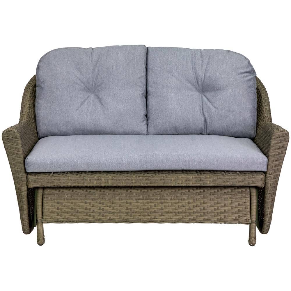 46" Taupe Gray Resin Wicker Double Glider with Gray Cushions