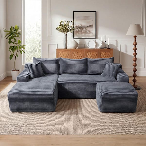 Willa 94.5 in. Square Arms 3-Piece Corduroy Modular Compressed Sectional Sofa in Gray with Ottoman, Left Arm Chaise