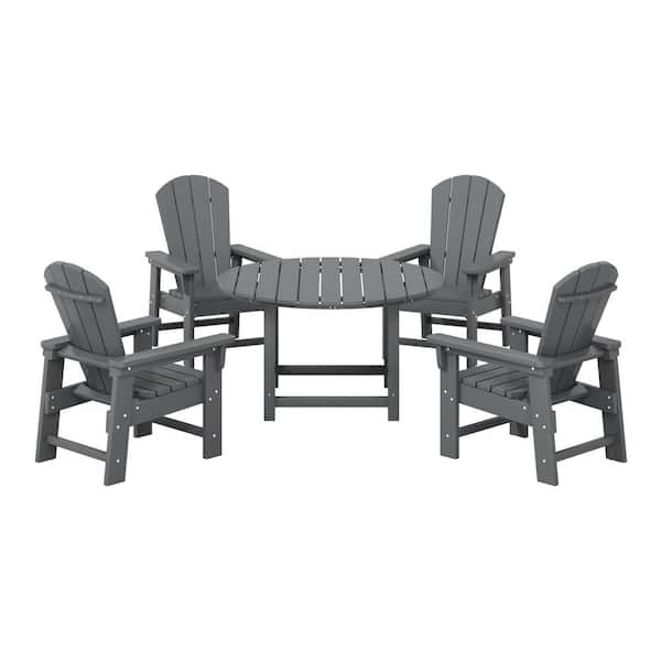 Children's Laguna Outdoor Patio All Weather Plastic 5-Piece Kids Adirondack Round Picnic Table Dining Set in Gray