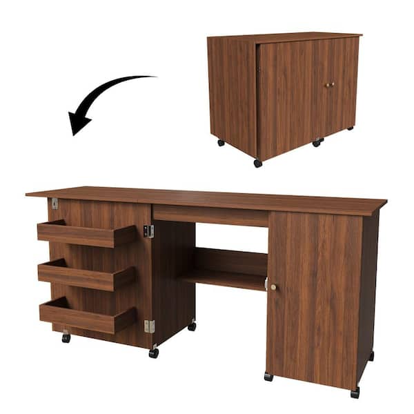 57.5" Walnut Foldable Craft Sewing Table,Adjustable Craft Storage Station with Locking Casters,Shelves,Bins&Cabinet