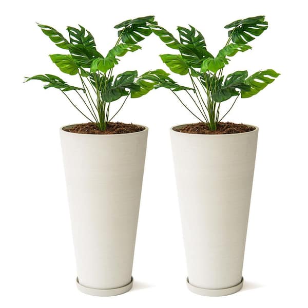 Modern 28 in. Gray Round Planter (Set of 2) Tapered Plastic Design for Indoor & Outdoor Use, Ideal for Patio Decor