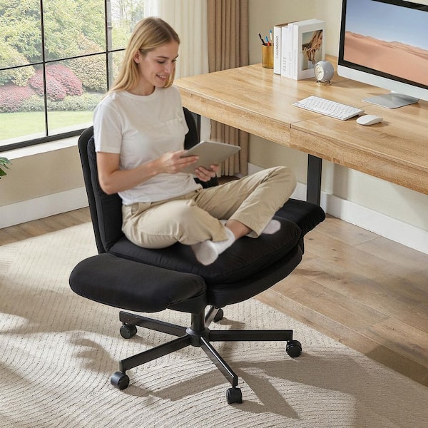 Velour Thick Cushioned Cross-Legged Office Chair in Black with Adjustable Padded Arms, Mid Back Vanity Chair for Bedroom