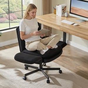 Velour Thick Cushioned Cross-Legged Office Chair in Black with Adjustable Padded Arms, Mid Back Vanity Chair for Bedroom