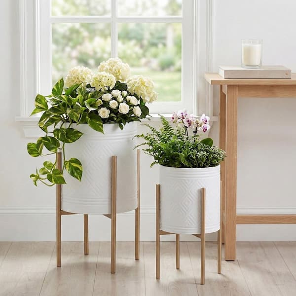 11 in. and 14 in. White/Gold Metal Aztec Decorative Planters with Stand (Set of 2)
