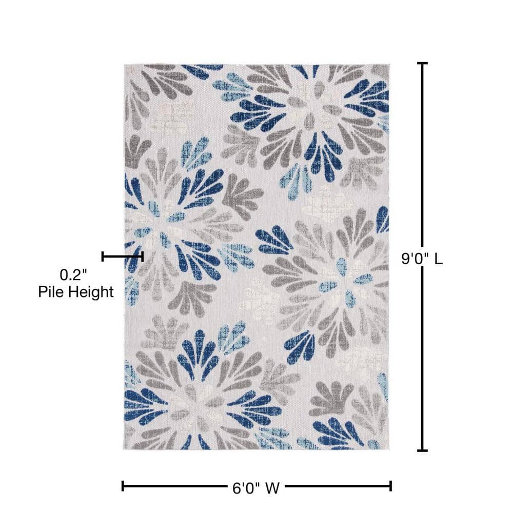 Grey and Blue Floral 6' x 9' Synthetic Area Rug