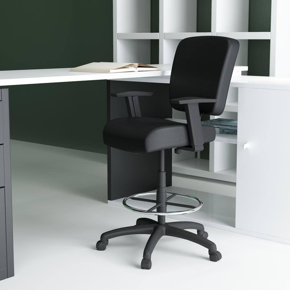 Oversized Black Drafting Stool with Chrome Footring and Adjustable Arms