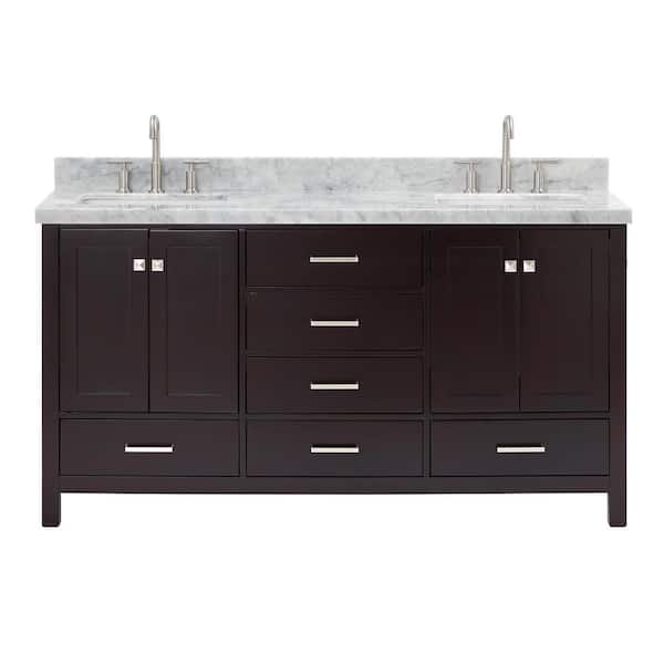 Cambridge 66 in. Double Sink Freestanding Bathroom Vanity in Espresso with Carrara White Marble Top