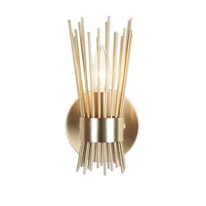 10 in. 1-Light Brushed Gold Sconce with Open Rod Metal Shade