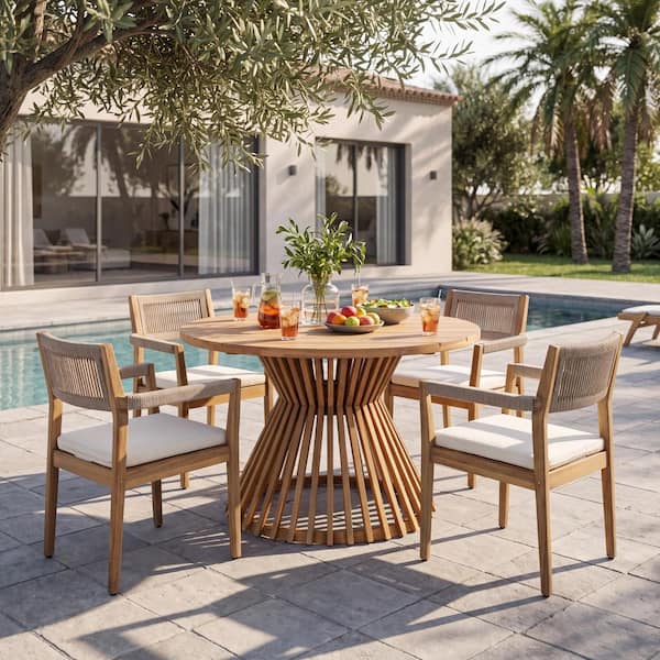 5-Piece Teak Finish Acacia Wood Round Patio Outdoor Dining Set with Cream Cushions and Woven Rope Chairs