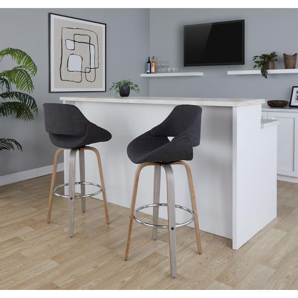 Lumisource Fabrico 29.5 in. Charcoal Fabric, Light Grey Wood, and Chrome Metal Fixed-Height Bar Stool (Set of 2)