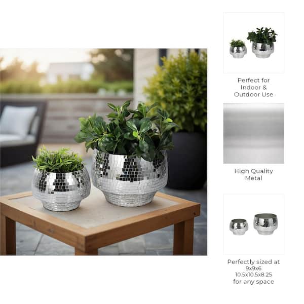Sagebrook Home S/2 9/11" Curved Disco Mosaic Planter, Silver 20401