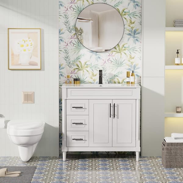 36 in. W x 17.7 in. D x 33.5 in. H Freestanding 1-Sink Bath Vanity in White with White Ceramic Top and Drain Faucet Set