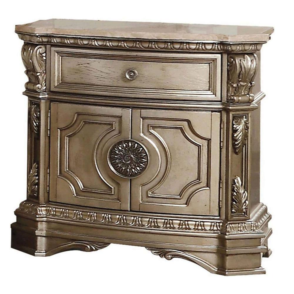 Antique Silver Elegance 30" Nightstand with Drawer and Carved Details