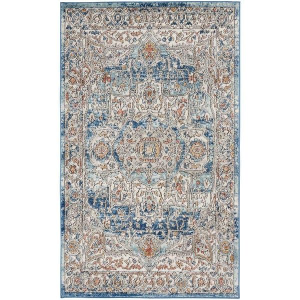 Concerto Ivory/Blue 3 ft. x 5 ft. Traditional Persian Medallion Polypropylene Kitchen Area Rug