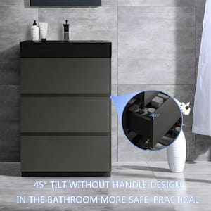 Large Storage 24 in. W x 18.1 in. D x 37 in. H Single Sink Freestanding Bath Vanity in Gray with Black Solid Surface Top