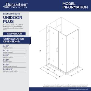 Unidoor Plus 46 in. W x 34-3/8 in. D x 72 in. H Frameless Hinged Shower Enclosure in Brushed Nickel